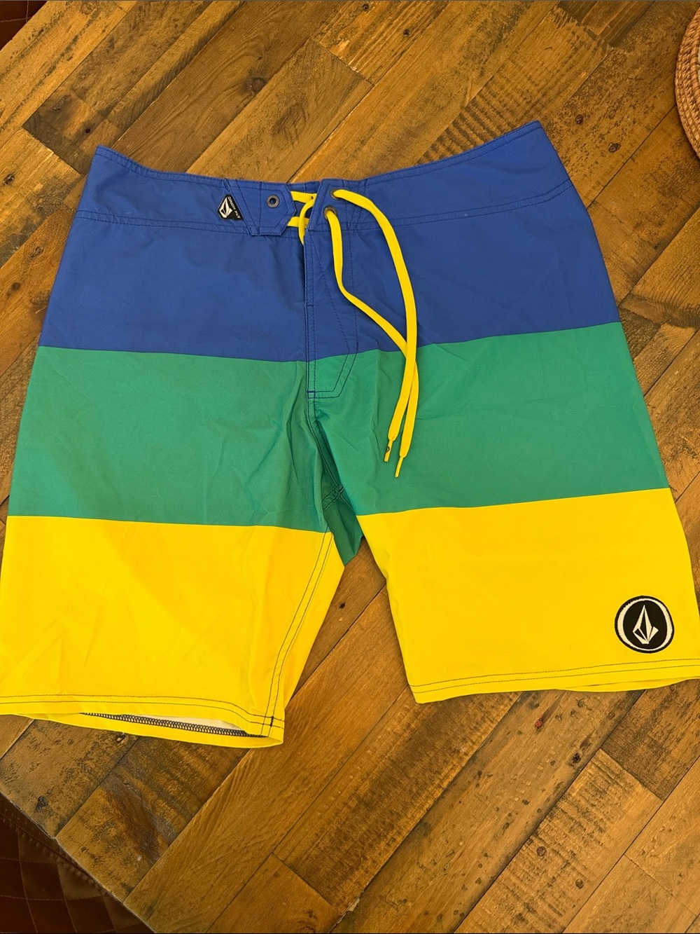 Volcom Men’s Blue, Green & Yellow Stripe Boardshorts